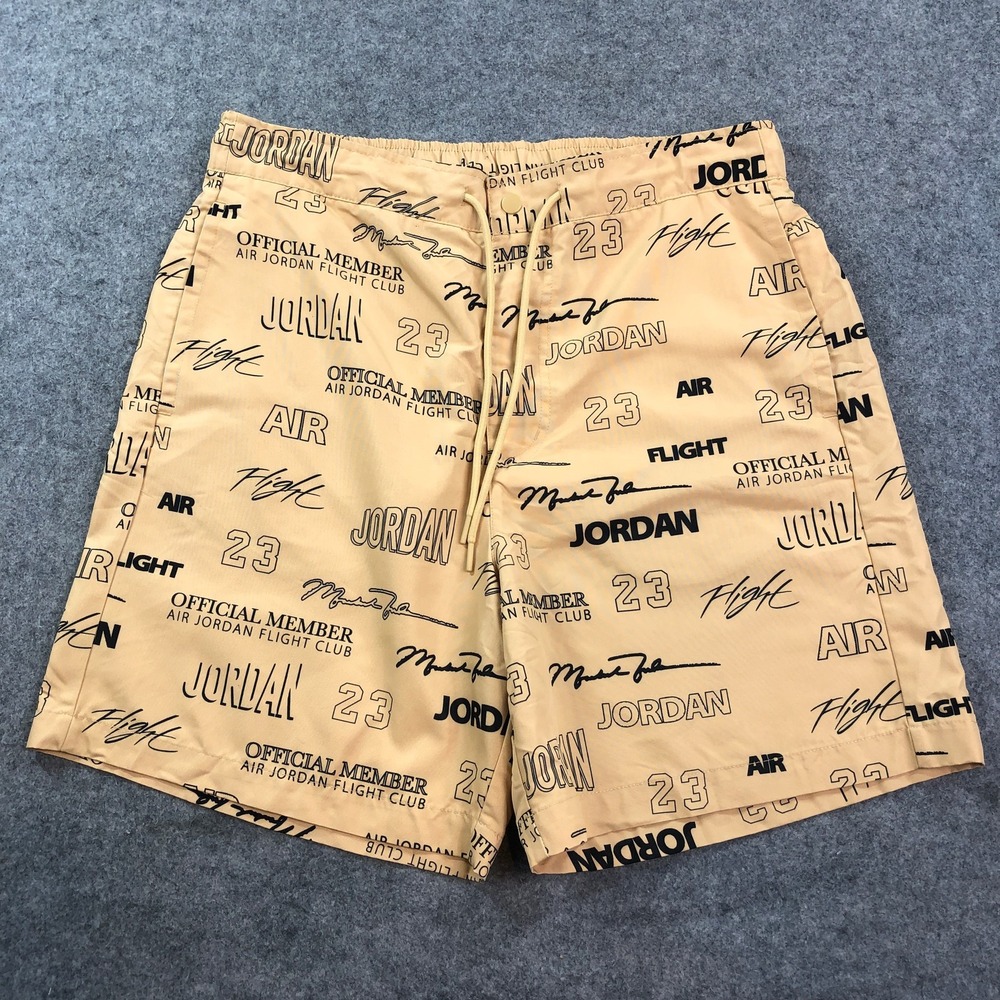Jordan Mens Flight Club Shorts Medium Tan All-Over Print Graphic Drawstring